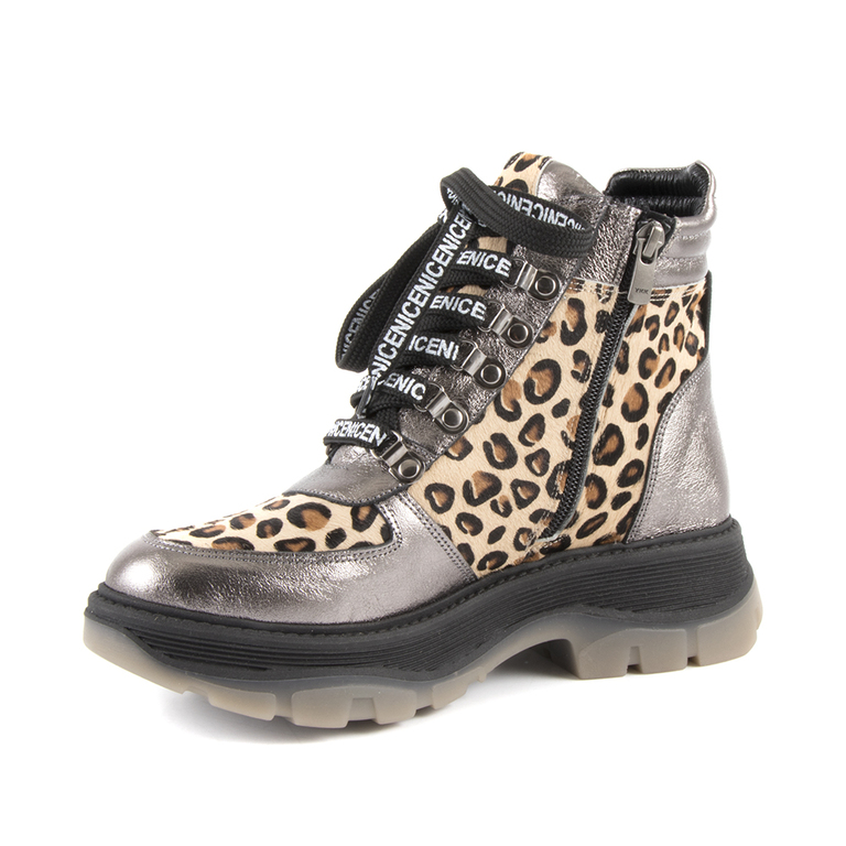 Ghete femei Enzo Bertini leopard print cu detaliu gri metalizat din piele 2138DG9572LEO