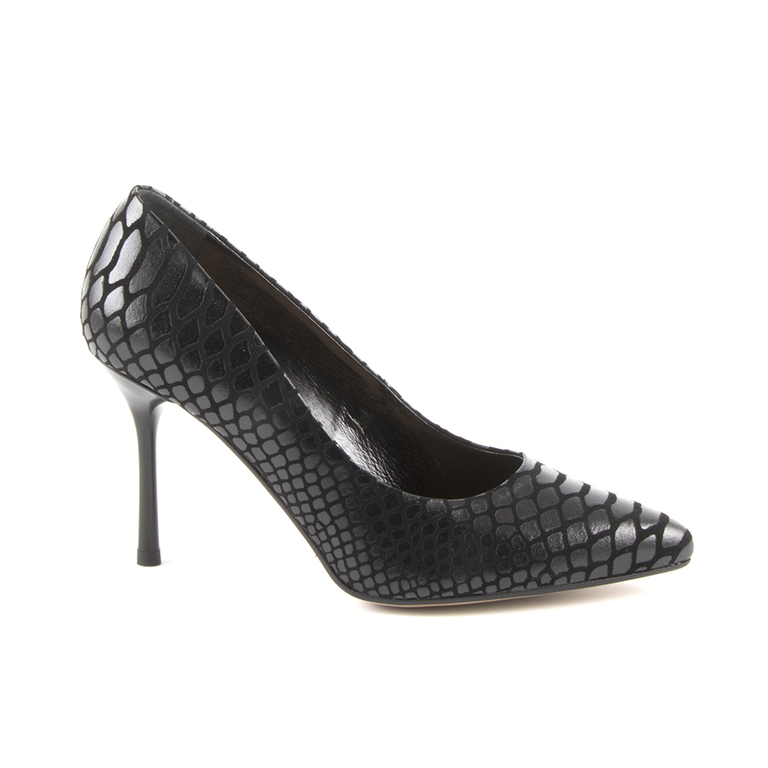 Pantofi Stiletto femei Enzo Bertini negri snake print din piele cu toc inalt 1890DP1797SN