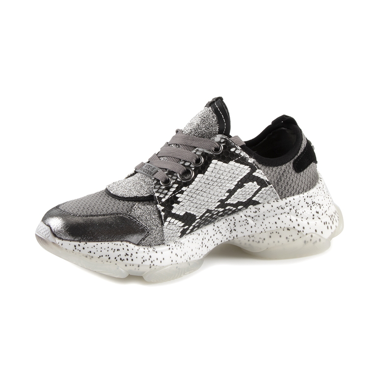 Pantofi sport femei Steve Madden gri cu argintiu din piele cu textil 1460DPMESCALGR